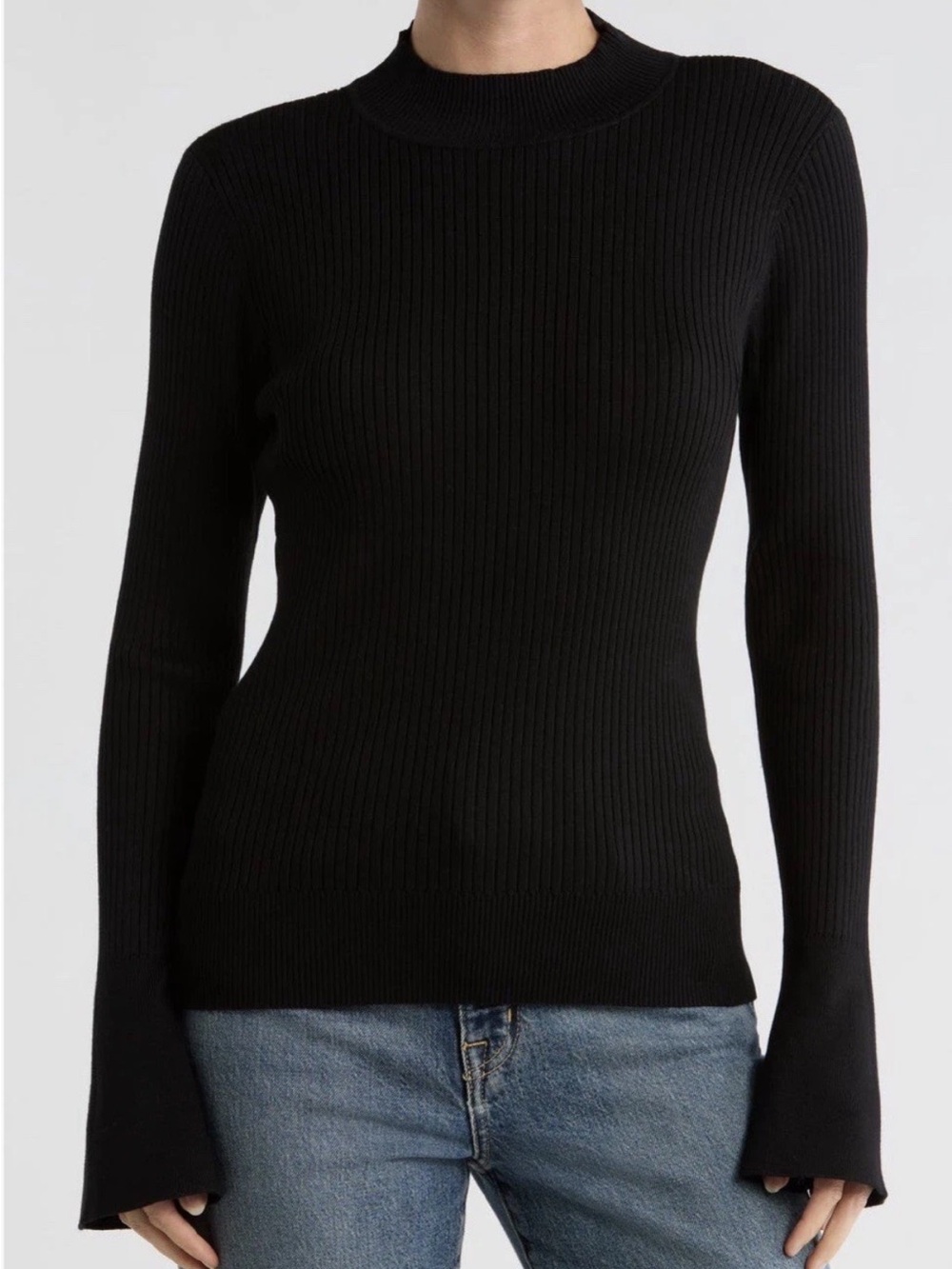 DKNY Black Ribbed Mock Neck Bell Sleeve Pullover Knit Sweater Size Large L